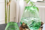 skleněné vázy s teakovým dřevem