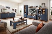 obývací pokoj s modrým nábytkem