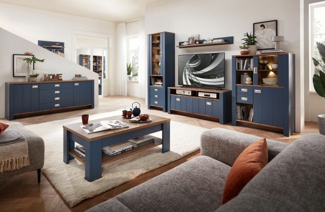 obývací pokoj s modrým nábytkem
