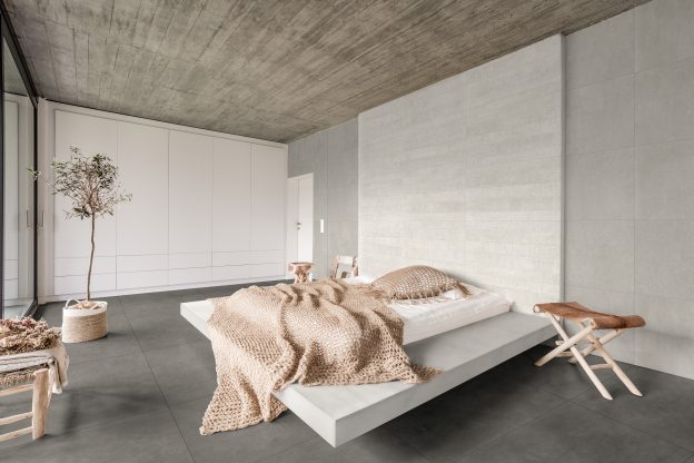 levitující postel v minimalistické ložnici